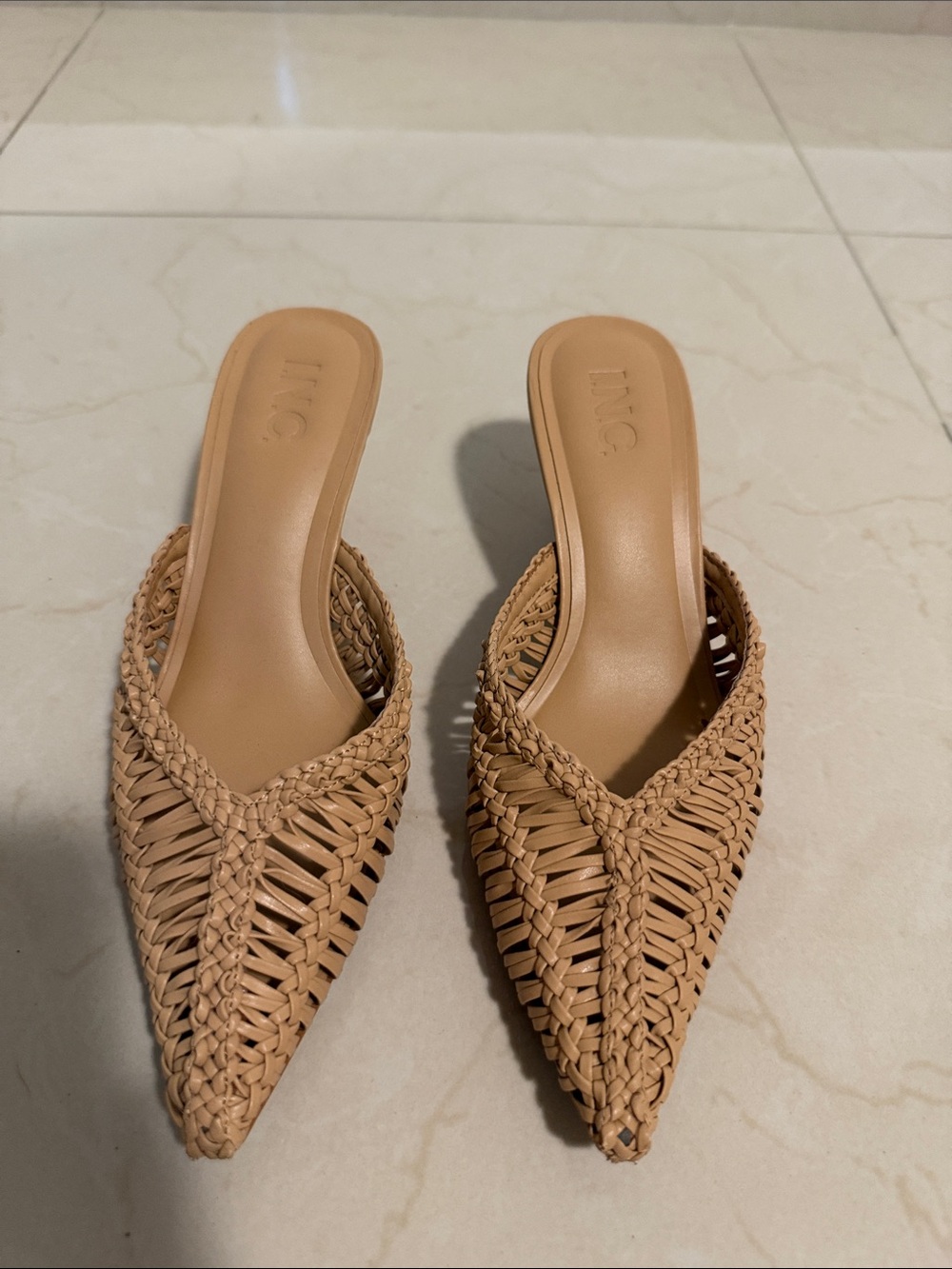 INC International Concepts Tan Braided Pointed-Toe Woven Mules